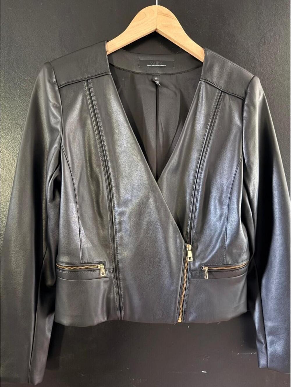 White House Black Market Faux Leather Moto Jacket Size 10 Black Cropped Zip
